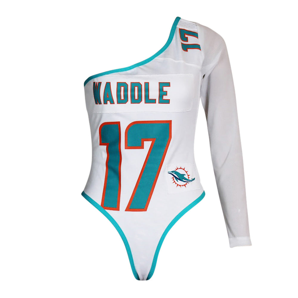 Custom Miami Dolphins bodysuit for women, sustainable reworked NFL gear, white one-shoulder design featuring Waddle's name and number.