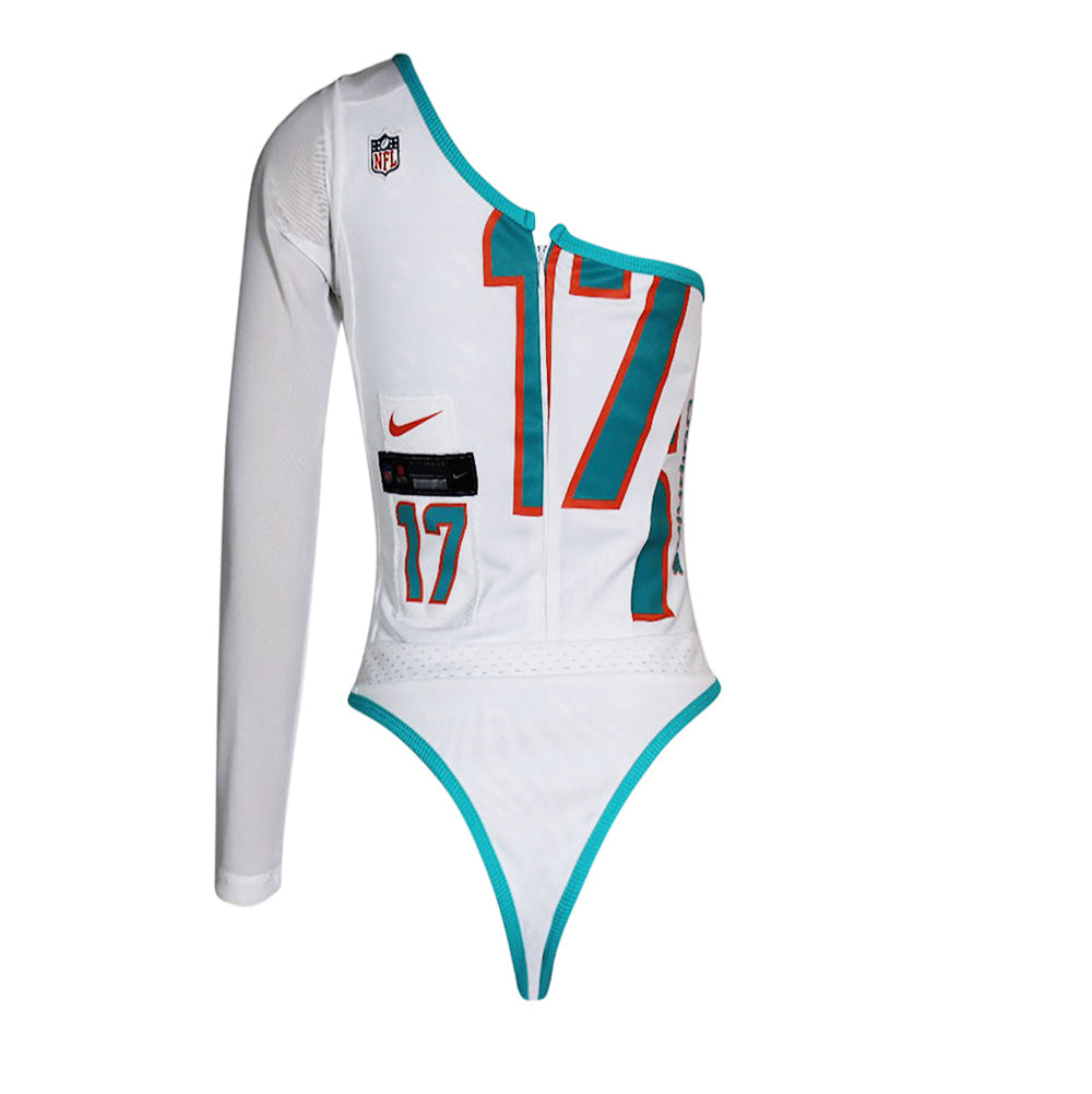 Custom Miami Dolphins bodysuit for women, sustainable reworked NFL gear, white one-shoulder design featuring Waddle's name and number.