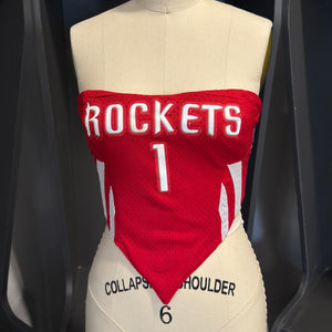 Red Houston Rockets #1 reworked jersey crop top with V-cut and mesh texture, S/M