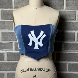 Custom Yankees corset top made from reworked denim and official logo, perfect for women’s Yankees apparel collections