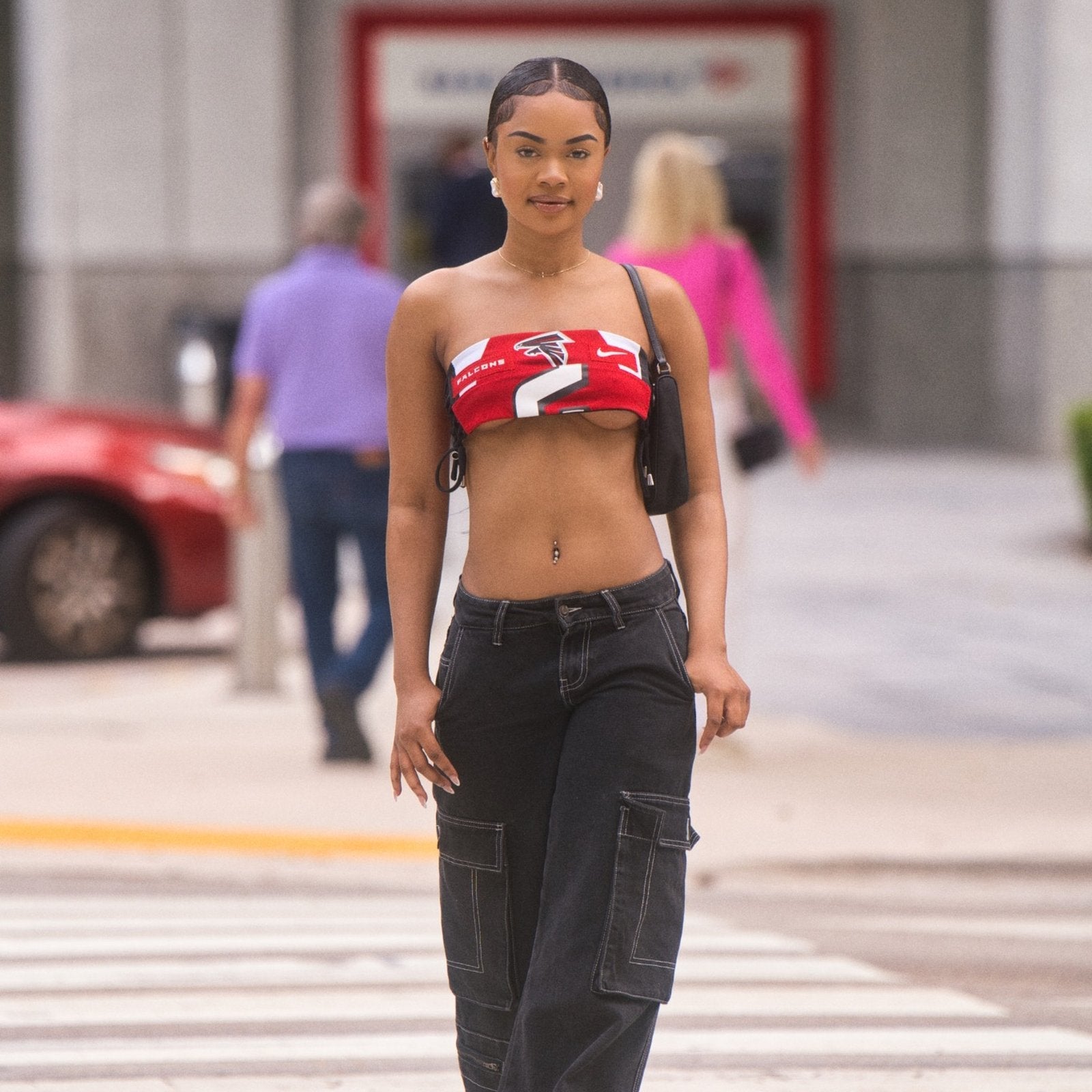Custom Falcons NFL jersey tube top for women, sustainable reworked bralette, featuring a bold red design with adjustable ties.