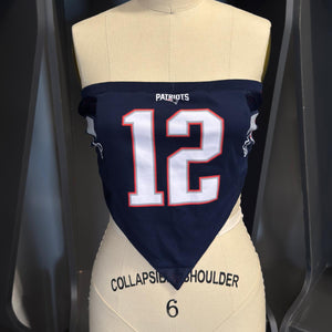 Navy Patriots #12 reworked jersey crop top with pointed V-cut hem, S/M size