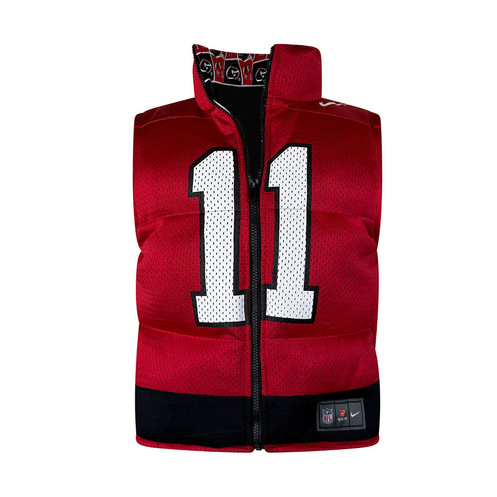 Custom Georgia Bulldog puffer jacket for women, crafted from sustainable reworked materials in bold red and black. | Custom puffer jacket crafted from sustainable reworked materials, customizable for any team, league, or player.