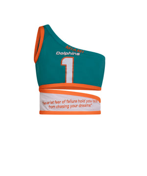 Custom Miami Dolphins crop top for women, made from sustainable reworked materials with inspirational quote details.