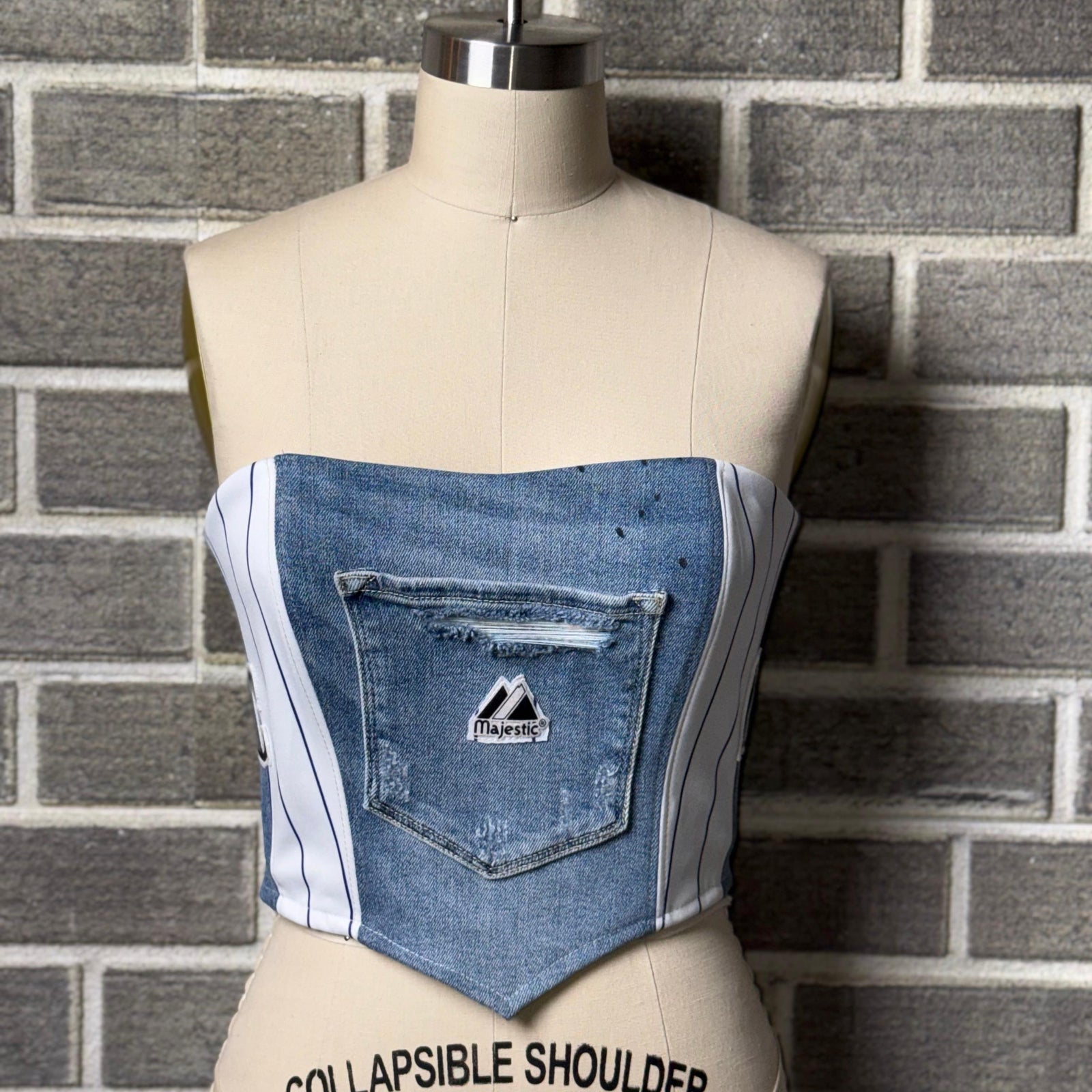 One-of-a-kind Colorado Rockies corset top made with reworked denim

