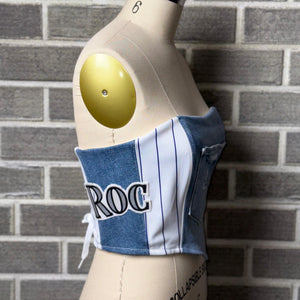 Handmade Rockies fan top combining denim and upcycled team fabric