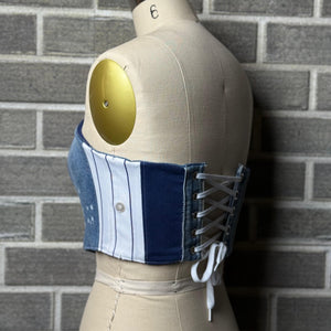 Handmade women’s Yankees apparel corset featuring bold team logo and custom fan gear design for game day style.
