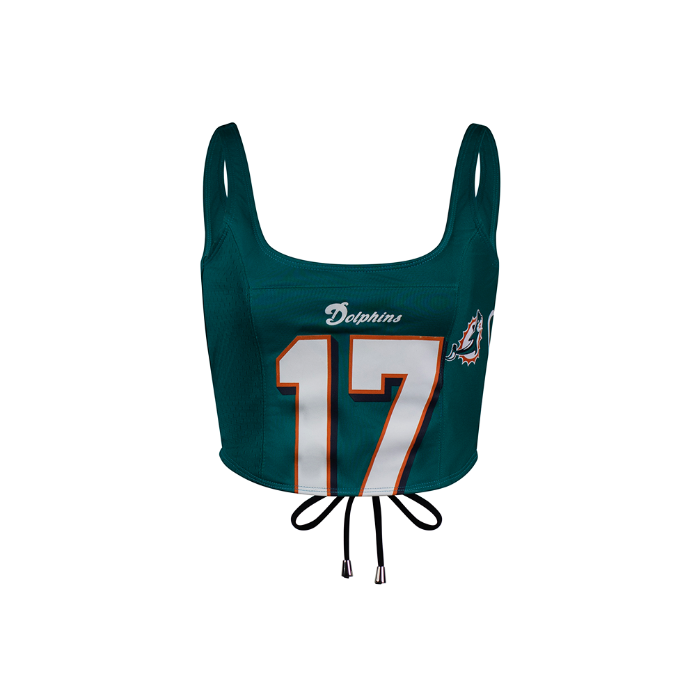 Custom Miami Dolphins tank top for women, sustainable reworked NFL gear in teal with drawstring details.