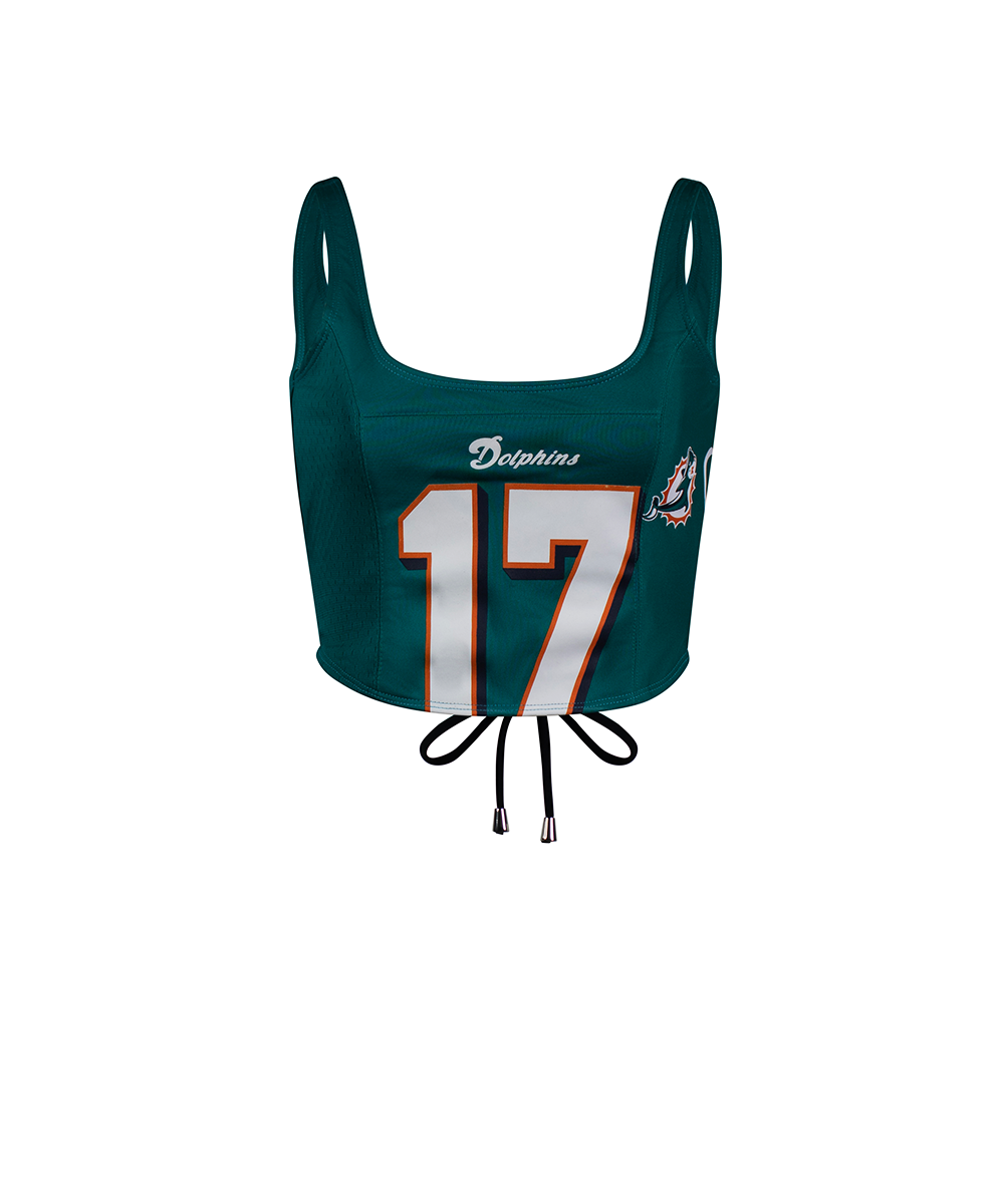 Custom Miami Dolphins tank top for women, sustainable reworked NFL gear in teal with drawstring details.