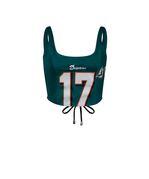 Custom Miami Dolphins tank top for women, sustainable reworked NFL gear in teal with drawstring details.