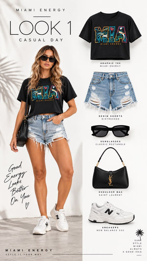 Woman wearing the black MIA crop top with distressed denim shorts, white sneakers and a black shoulder bag